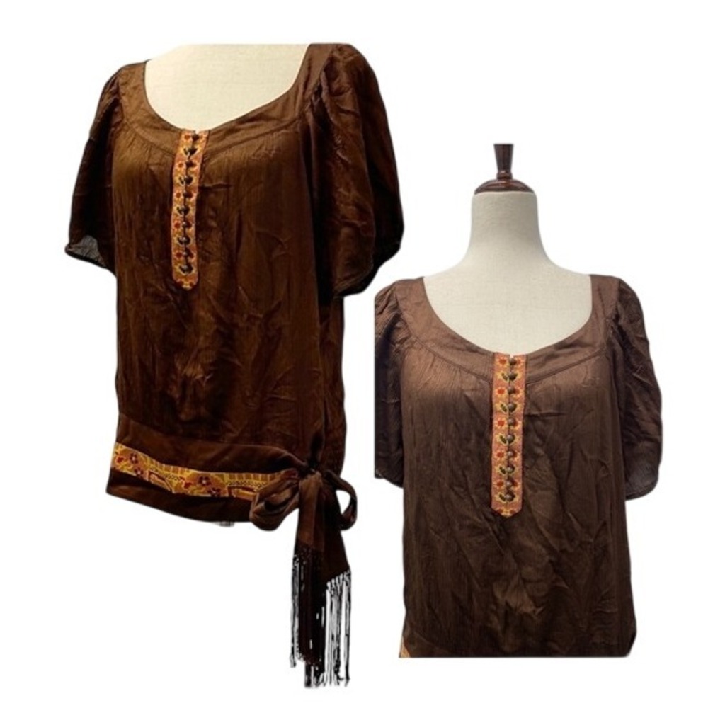Bebe Silk Boho Embroidered Puff Sleeve Blouse Women's XS Brown Hippie Dainty